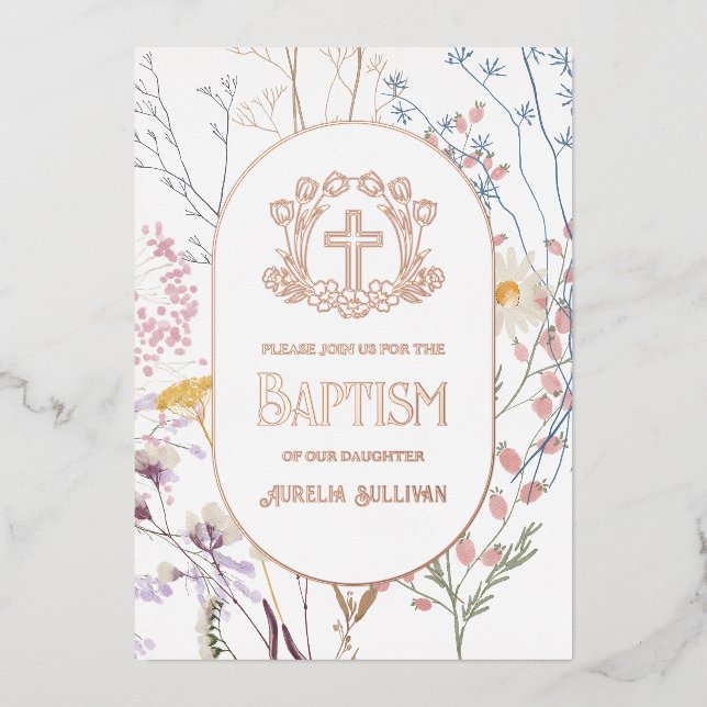 Invitación Con Relieve Metalizado Pastel Flores Silvestres Baptismo Floral (Anverso)