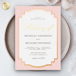 Invitación Con Relieve Metalizado Pastel Rosa Coral Foto De Boda Dorado Rayado