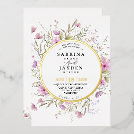 Invitación Con Relieve Metalizado Pastel Shade Rubor Boda de flores silvestres rosad