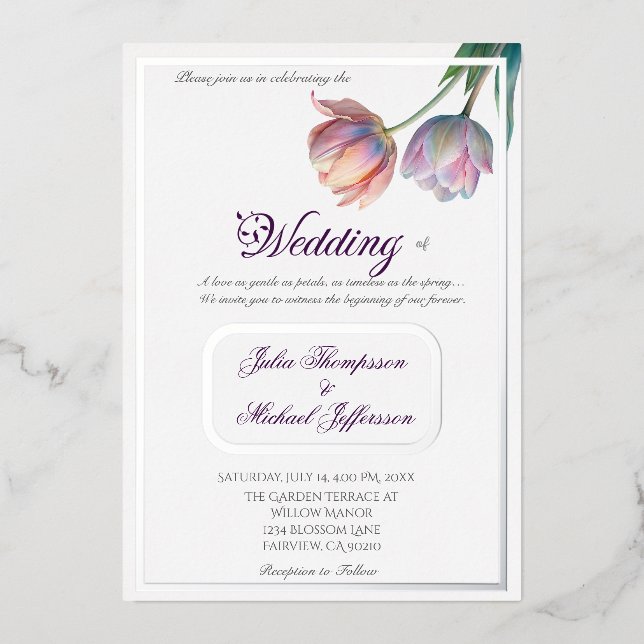 Invitación Con Relieve Metalizado Pastel Tulip Boda Suite Típografía elegante (Anverso)