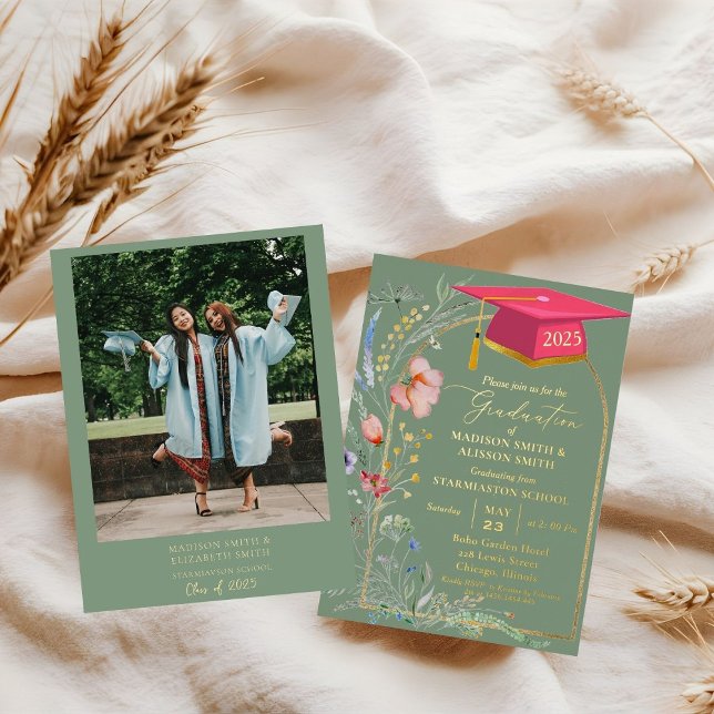 Invitación Con Relieve Metalizado Pastel Wildflower Garden Twin Graduation Party (Subido por el creador)