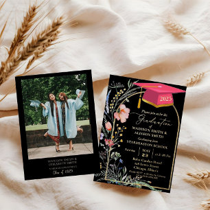 Invitación Con Relieve Metalizado Pastel Wildflower Garden Twin Graduation Party
