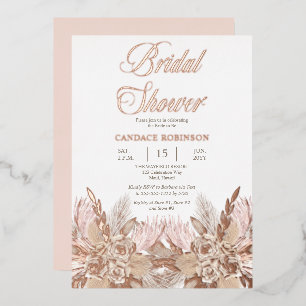 Invitación Con Relieve Metalizado Pasto de Pampas Boho Ducha de Novia Rosas Rosada