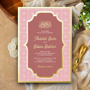 Invitación Con Relieve Metalizado Patrón árabe rosa boda musulmana dorada