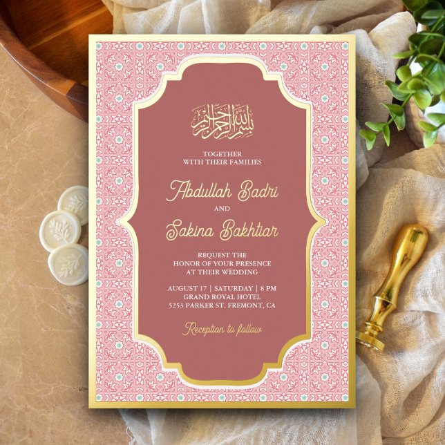 Invitación Con Relieve Metalizado Patrón árabe rosado Boda musulmán oro (Subido por el creador)