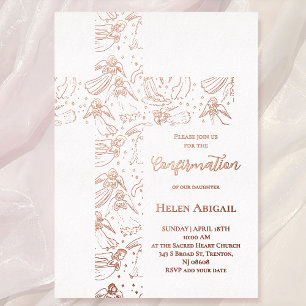Invitación Con Relieve Metalizado patrón de ángeles de oro rosa de confirmación