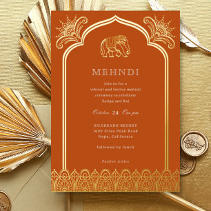 Invitación Con Relieve Metalizado Patrón de diseño de elefante y henna dorada Mehndi