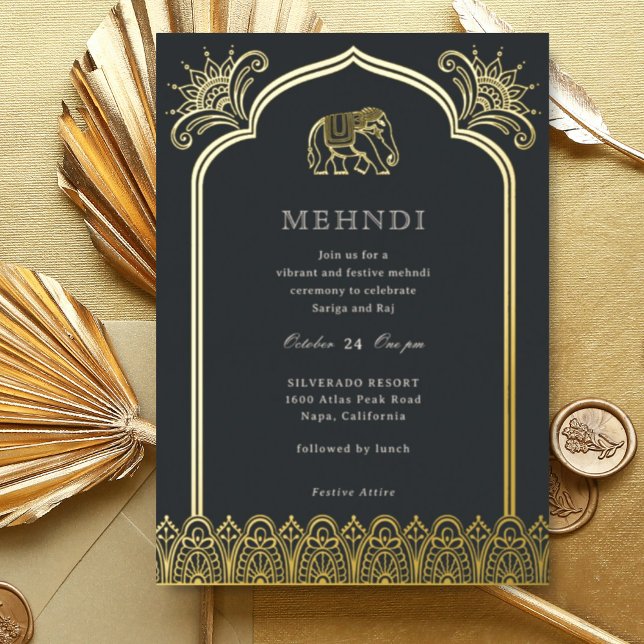 Invitación Con Relieve Metalizado Patrón de diseño de elefante y Henna Gold indio Me (Black Indian wedding Mehndi invitation, elephant and lotus flower, hindu wedding invitation card)