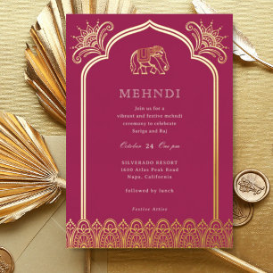 Invitación Con Relieve Metalizado Patrón de diseño de elefante y Henna Gold indio Me