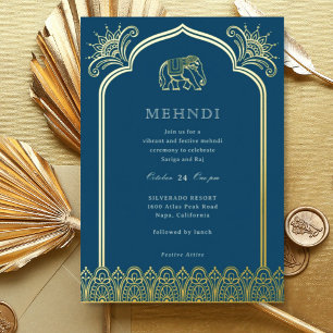 Invitación Con Relieve Metalizado Patrón de diseño de elefante y Henna Gold indio Me