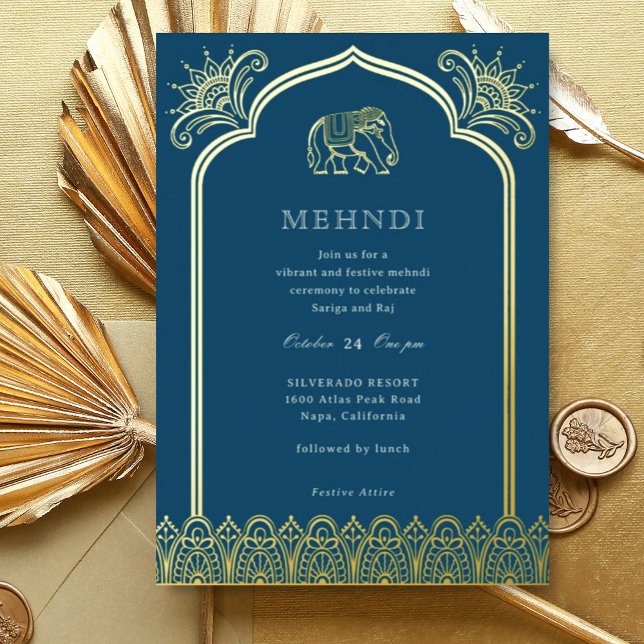 Invitación Con Relieve Metalizado Patrón de diseño de elefante y Henna Gold indio Me (Blue Indian wedding Mehndi invitation, elephant and lotus flower, hindu wedding invitation card)