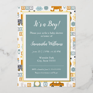 Invitación Con Relieve Metalizado Patrón de juguete de coche lindo niño azul bebé re