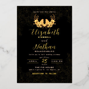 Invitación Con Relieve Metalizado Patrón Floral de Aves Negro y Dorado de Lujo