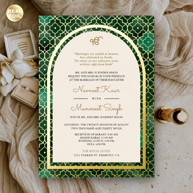Invitación Con Relieve Metalizado Patrón marroquí esmeralda Arco sij Boda oro (Subido por el creador)
