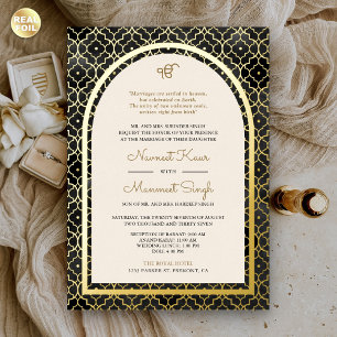 Invitación Con Relieve Metalizado Patrón marroquí negro Sikh Arch Boda Gold