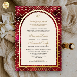 Invitación Con Relieve Metalizado Patrón Rojizo Marroquí Arco Sikh Boda Dorado