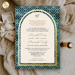 Invitación Con Relieve Metalizado Patrón Sijí Arco de Boda Azul Marroquí Dorado