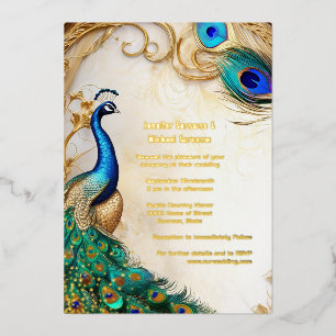Invitación Con Relieve Metalizado Pavo real de lujo vintage art nouveau indio con pa