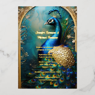 Invitación Con Relieve Metalizado Pavo real elegante oro vintage lujo indio