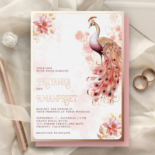 Invitación Con Relieve Metalizado Pavo Real Indio Floral Rosa Dorado Rosa