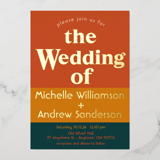 Invitación Con Relieve Metalizado Pavo Real Naranja Moderno Retro (Anverso)