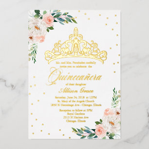 Invitación Con Relieve Metalizado Peach Floral Tiara Quinceanera