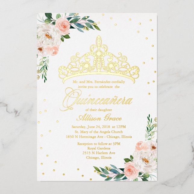 Invitación Con Relieve Metalizado Peach Floral Tiara Quinceanera (Anverso)