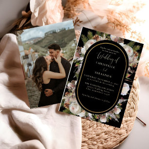 Invitación Con Relieve Metalizado Peach Pink Boho Black Winter Floral Boda