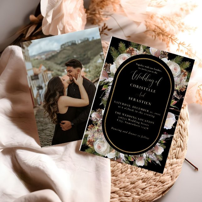 Invitación Con Relieve Metalizado Peach Pink Boho Black Winter Floral Boda (Subido por el creador)