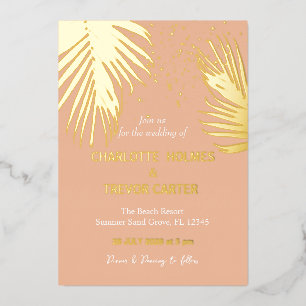 Invitación Con Relieve Metalizado Peach Tropical Palms Summer Beach Wedding Gold