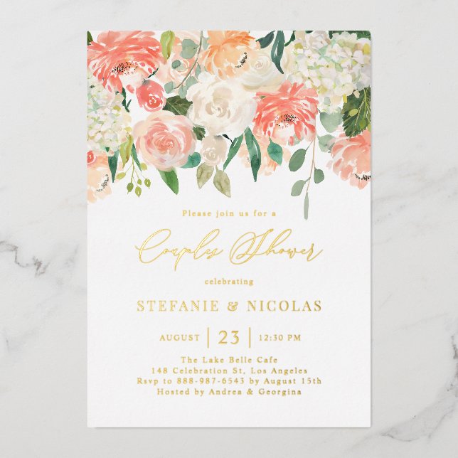 Invitación Con Relieve Metalizado Peach y Flores de Marfil Ducha Parejas (Anverso)