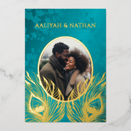 Invitación Con Relieve Metalizado Peacock Feather Jewel Tone Gold Wedding 