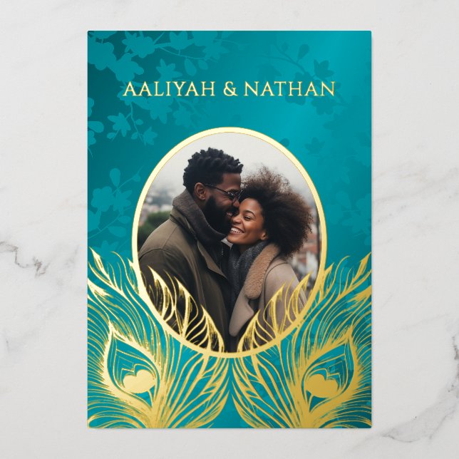 Invitación Con Relieve Metalizado Peacock Feather Jewel Tone Gold Wedding  (Anverso)