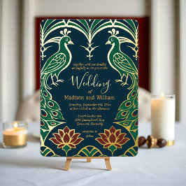 Invitación Con Relieve Metalizado Peacock y Boda Lotus Elegante Deco Regal Azul