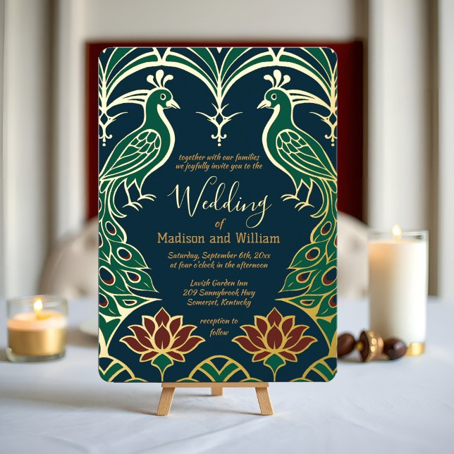 Invitación Con Relieve Metalizado Peacock y Boda Lotus Elegante Deco Regal Azul (Elegant peacock gold foil wedding invitation Inspired by Art Deco with royal jewel tones & dark blue)