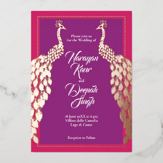 Invitación Con Relieve Metalizado Peacocks de oro doble