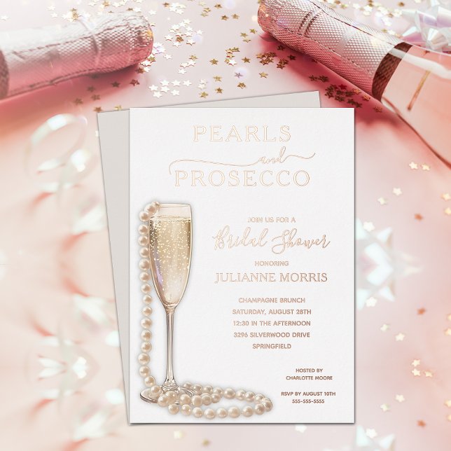 Invitación Con Relieve Metalizado Pearls and Prosecco Bridal Shower Brunch & Bubbly (Pearls and Prosecco bridal shower brunch & bubbly REAL ROSE GOLD FOIL invitations)