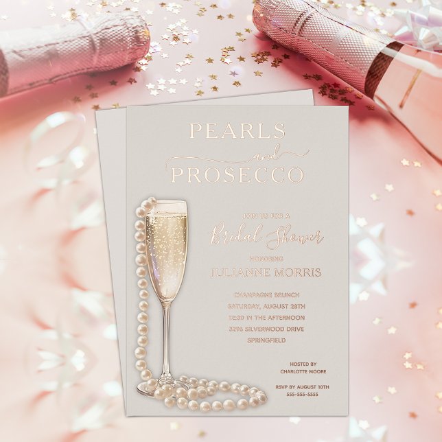 Invitación Con Relieve Metalizado Pearls and Prosecco Bridal Shower Brunch & Bubbly (Pearls and Prosecco Bridal shower brunch & bubbly REAL ROSE GOLD FOIL on taupe invitations)