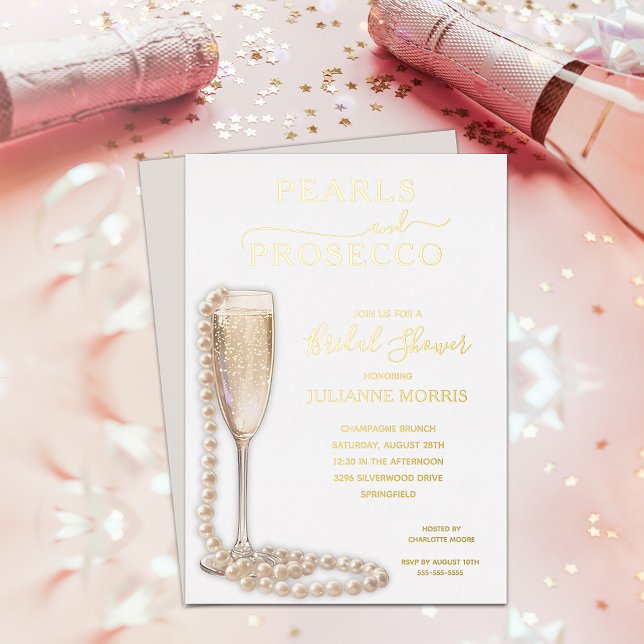 Invitación Con Relieve Metalizado Pearls and Prosecco Bridal Shower Brunch & Bubbly (Pearls and Prosecco bridal shower brunch & bubbly REAL GOLD FOIL invitations)