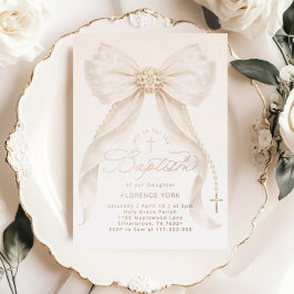 Invitación Con Relieve Metalizado Pearls Gold Bow Girl Baptism Christening