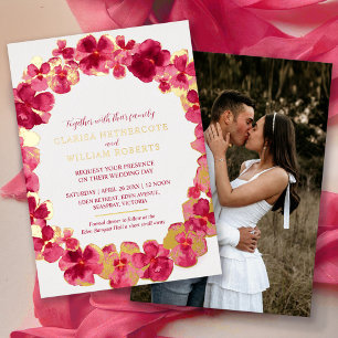 Invitación Con Relieve Metalizado Pensamiento rosa rojo acuarela flor boda oro