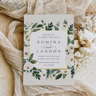 Invitación Con Relieve Metalizado Peonía blanca   Boda de marco floral cuadrado