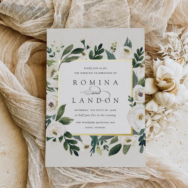 Invitación Con Relieve Metalizado Peonía blanca | Boda de marco floral cuadrado (Subido por el creador)