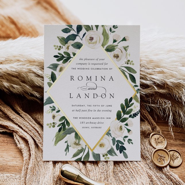 Invitación Con Relieve Metalizado Peonía blanca | Boda de marco floral geométrico (Subido por el creador)