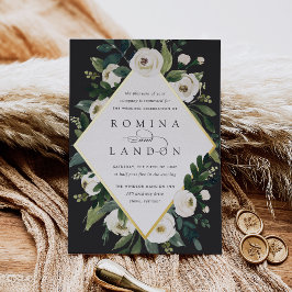 Invitación Con Relieve Metalizado Peonía blanca | Boda de marco floral geométrico