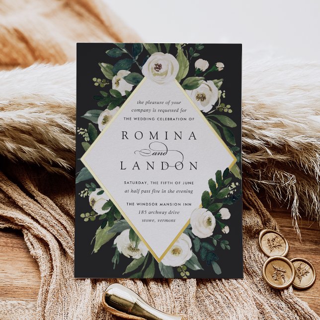 Invitación Con Relieve Metalizado Peonía blanca | Boda de marco floral geométrico (Subido por el creador)