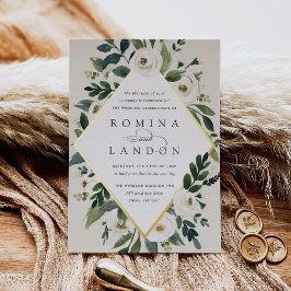 Invitación Con Relieve Metalizado Peonía blanca | Boda de marco floral geométrico