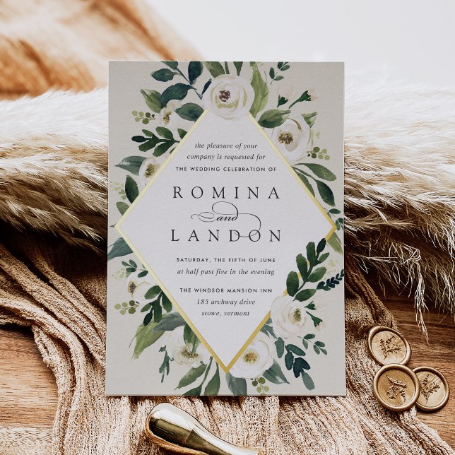 Invitación Con Relieve Metalizado Peonía blanca | Boda de marco floral geométrico (Subido por el creador)