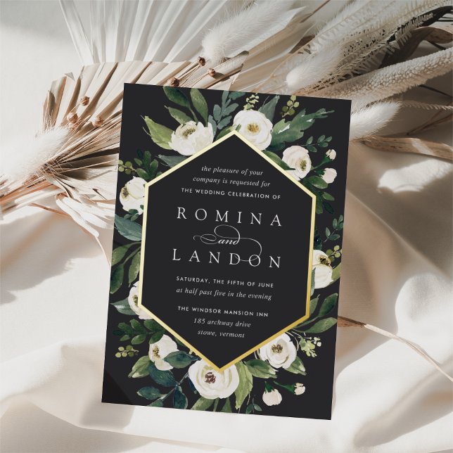 Invitación Con Relieve Metalizado Peonía blanca | Boda de marco floral geométrico (Subido por el creador)