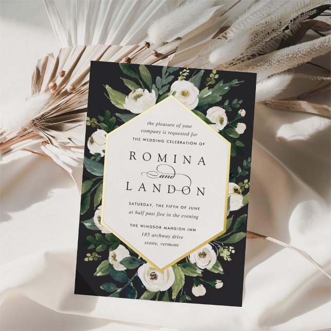 Invitación Con Relieve Metalizado Peonía blanca | Boda de marco floral geométrico (Subido por el creador)